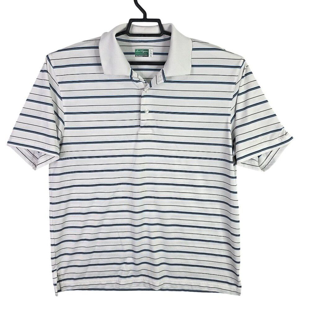 Mens Ben Hogan White Blue Black Striped Performance Polo Shirt Short Sleeve L
